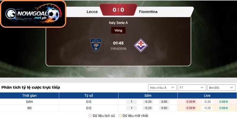 Kèo Châu Á trận Lecce vs Fiorentina (01:45 21/04, Serie A)