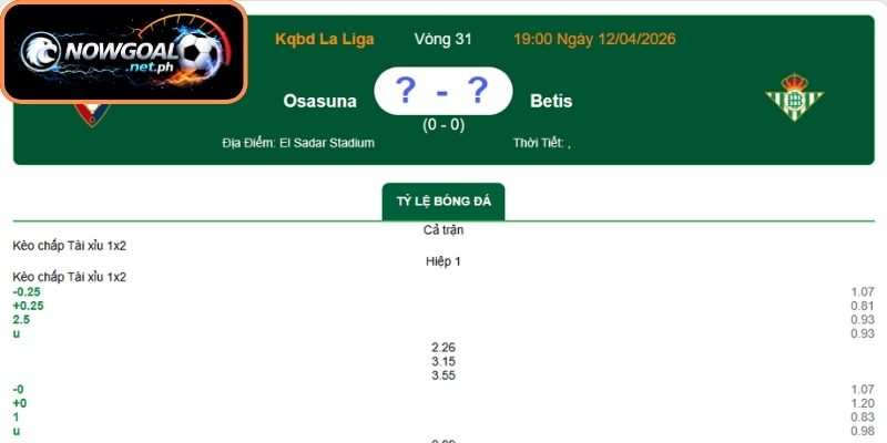 Dự đoán tỷ số trận đấu Osasuna và Real Betis (19:00 12/04, VĐQG Tây Ban Nha)